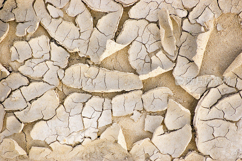 Cracked dried arid ground after drought, large detailed horizontal closeup, bright beige background